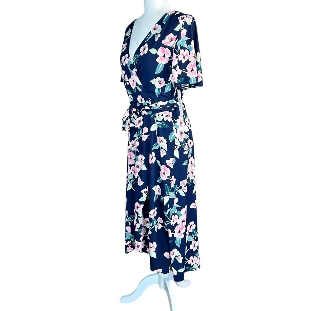 NEW ELIZA J Ditsy Floral Faux Wrap Dress Jersey Knit 12 Surplice Neck Belted